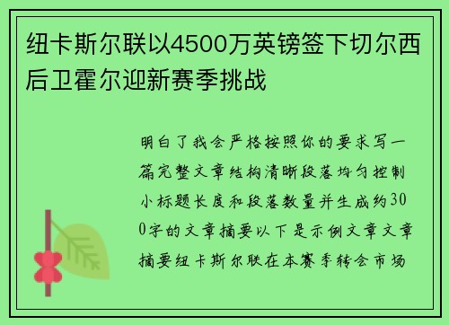 纽卡斯尔联以4500万英镑签下切尔西后卫霍尔迎新赛季挑战