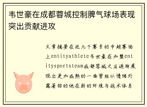 韦世豪在成都蓉城控制脾气球场表现突出贡献进攻